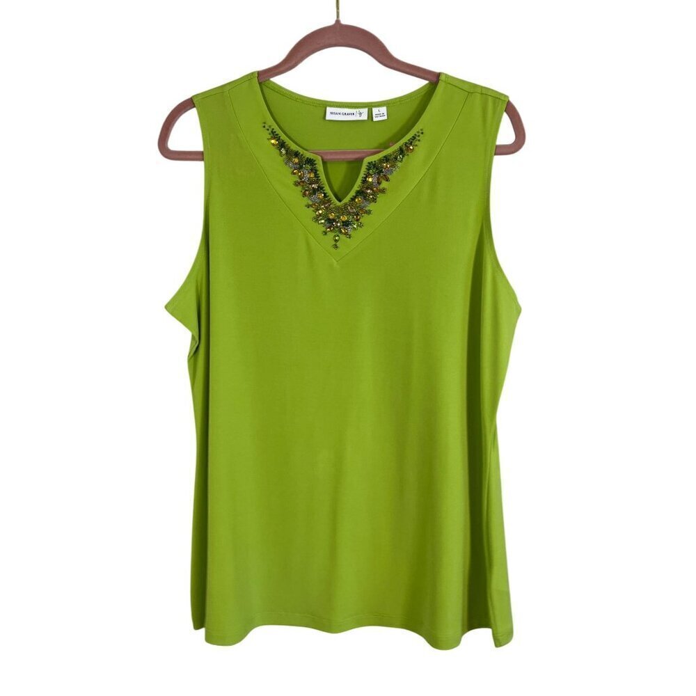 Susan Graver Liquid Knit Beaded Cardigan L Green Jeweled Resort Artsy Old Money - Picture 9 of 15